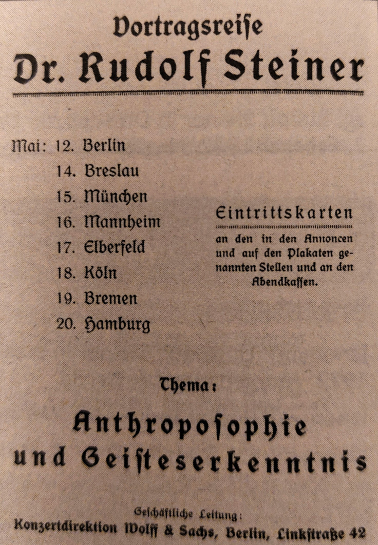 Advertentie voor de voordrachtenreeks van Rudolf Steiner in 1922, georganiseerd door bureau Wolff & Sachs